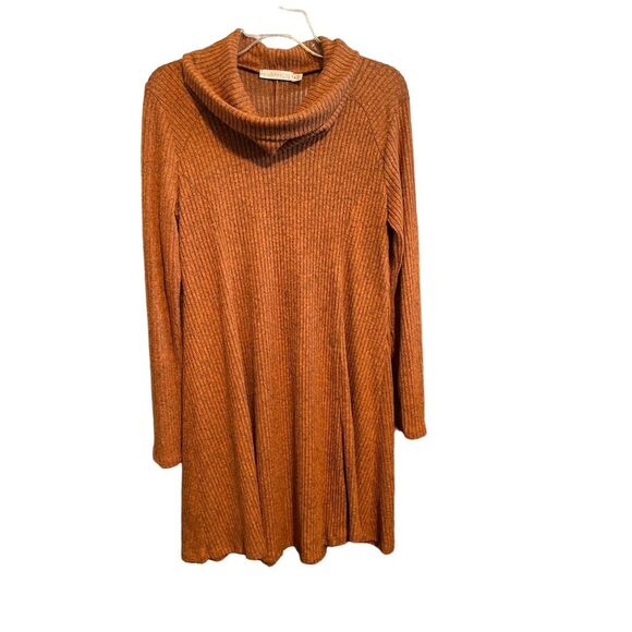 Lush Women's Pumpkin Toffee Cowl Neck Flowy Ribbed Sweater Dress Tunic Top M - Picture 5 of 5
